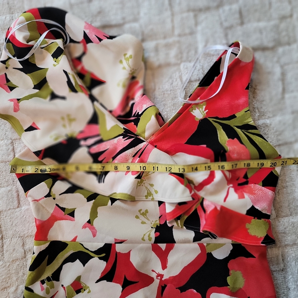 NWT HALSTON Floral Printed Asymmetric Ruffle  Black Red Size 14 - Picture 6 of 10
